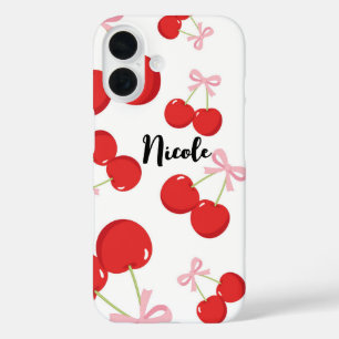 Funda iPhone 16 Cerezas Rojas con Lazo Rosa Coquette Estilo Cottag