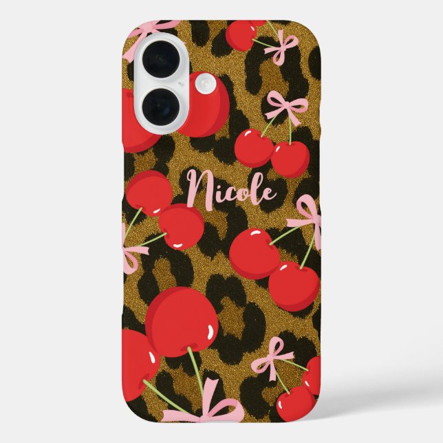 Funda iPhone 16 Cerezas Rojas con Lazo Rosa Estampado de Leopardo  (Reverso )