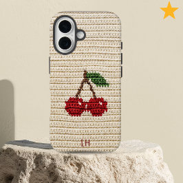 Funda iPhone 16 Cerezas Rojas Dulces al Crochet con Nombre Persona