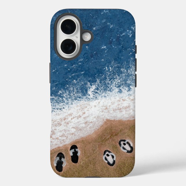 Funda iPhone 16 Chanclas en la arena de la playa (Reverso )