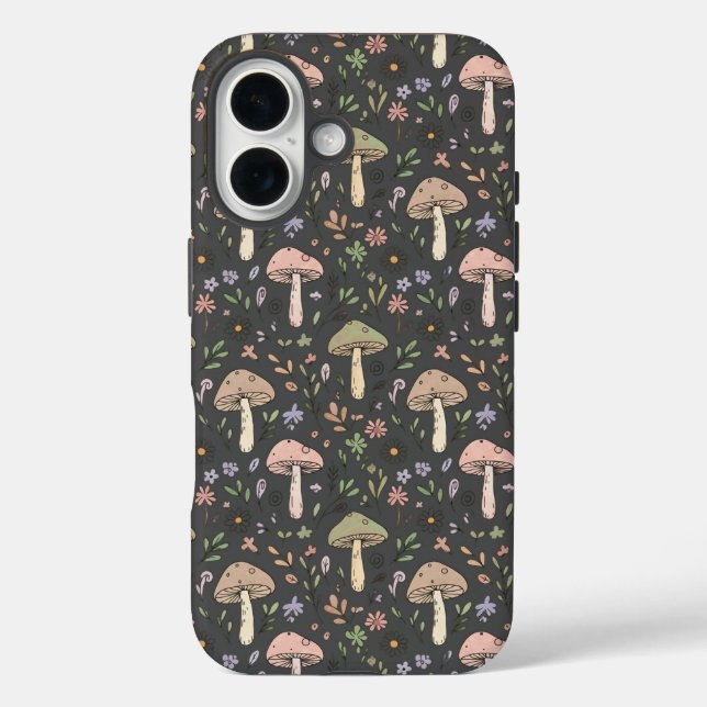 Funda iPhone 16 Charcoal Gray Fungi Seamless Pattern Minimalist (Reverso )