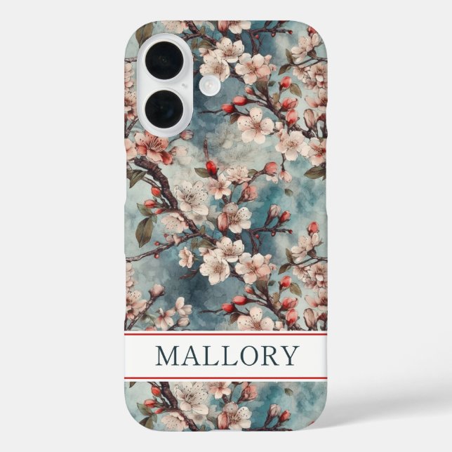 Funda iPhone 16 Cherry Blossoms Teal Sakura Print Monogrammed (Reverso )