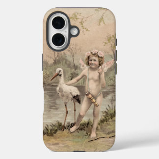 Funda iPhone 16 Cherub vintage con cigüeña por lago
