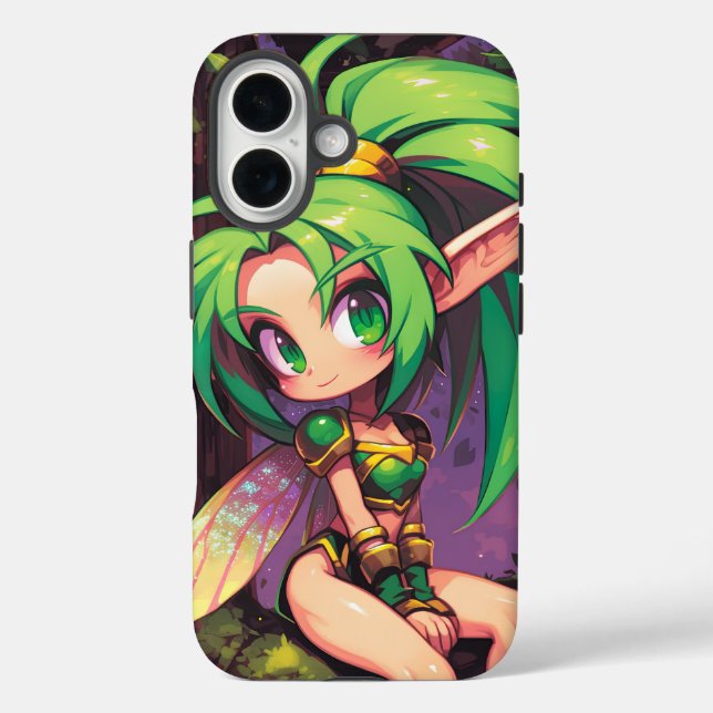 Funda iPhone 16 Chibi Forest Pixie en Dusk — Emerald Wings (Reverso )