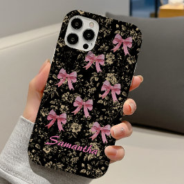Funda iPhone 16 Chic black white toile pink coquette bows monogram