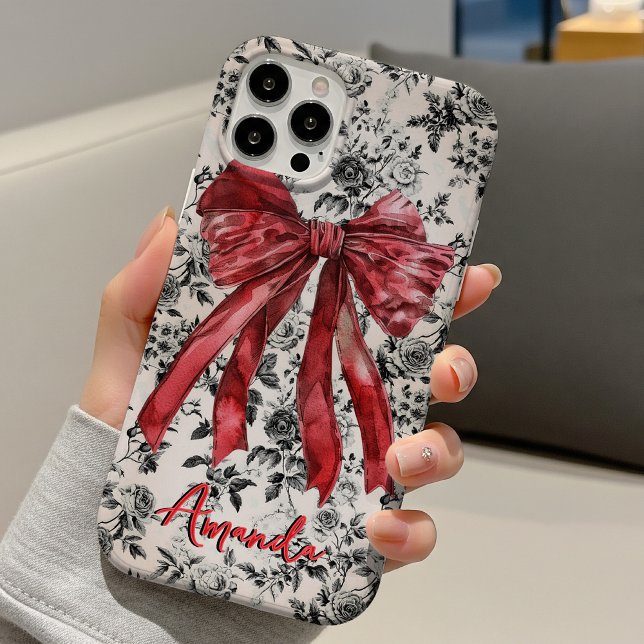 Funda iPhone 16 Chic black white toile red coquette bow monogram (Subido por el creador)