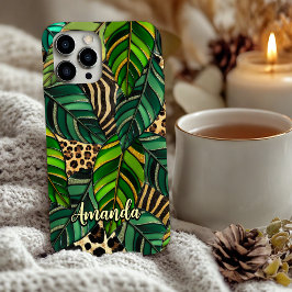 Funda iPhone 16 chic leopard print monstera leaves monogram Case-M