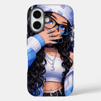 Funda iPhone 16 Chica Anime Y2K de Moda Estética Azul