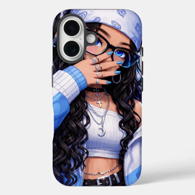Funda iPhone 16 Chica Anime Y2K de Moda Estética Azul (Reverso )
