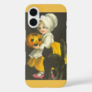 Funda iPhone 16 Chica Calabaza Gato Negro Vintage Halloween
