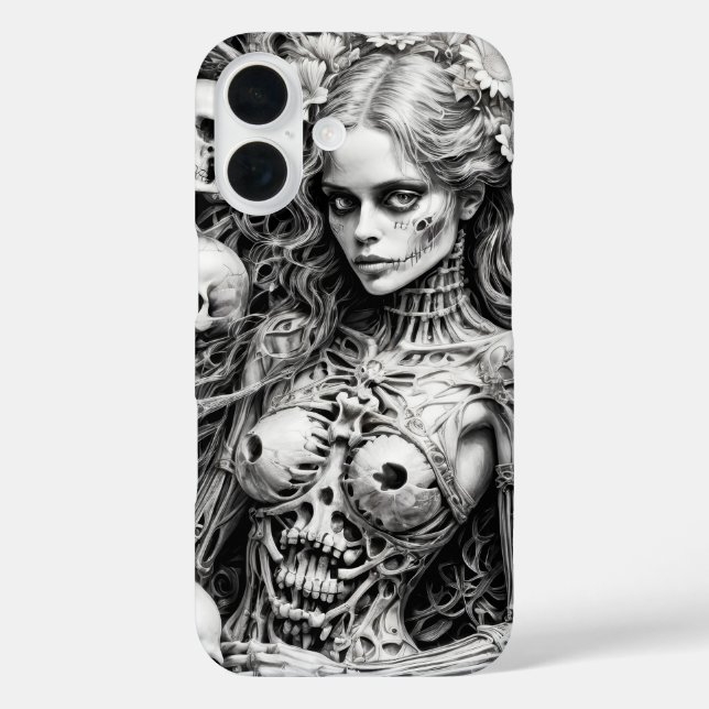 Funda iPhone 16 Chica calavera con cubierta de huesos (Reverso )