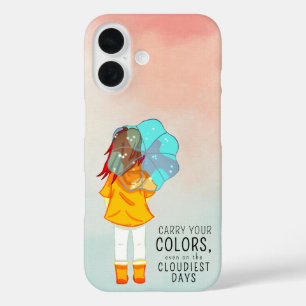 Funda iPhone 16 Chica con paraguas en cita positiva del viento