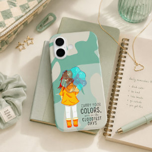 Funda iPhone 16 Chica con Paraguas en el Viento Frase Positiva