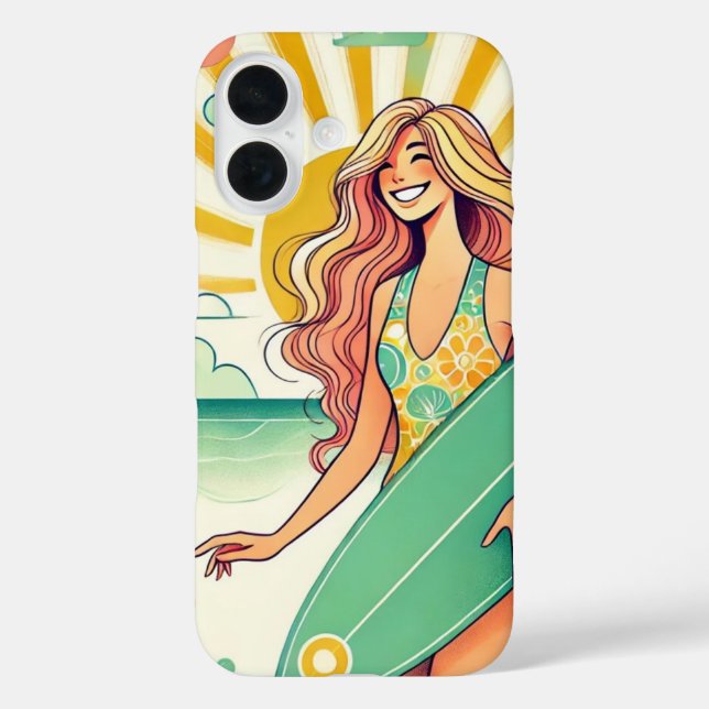 Funda iPhone 16 Chica de Surfista con Surfboard (Reverso )