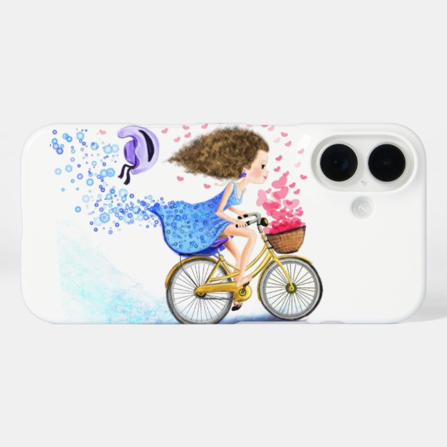 Funda iPhone 16 Chica feliz con estuche para iPhone en bicicleta (Reverso (Horizontal))