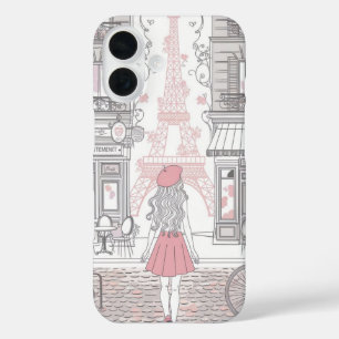 Funda iPhone 16 Chica Parisina - Torre Eiffel y Calle del Café Ado