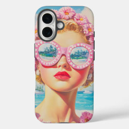 Funda iPhone 16 Chica Retro Beach con gafas de sol florales