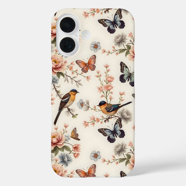 Funda iPhone 16 Chinoiserie Armonía de aves y mariposas (Reverso )