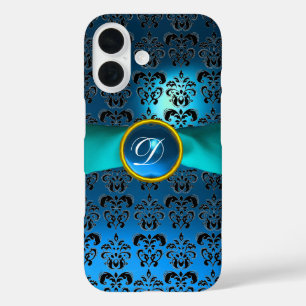 Funda iPhone 16 Cinta azul DAMASK GIRLY MONOGRAM