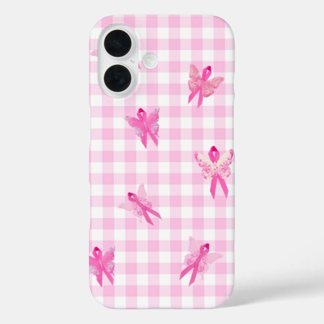 Funda iPhone 16 Cinta Rosa De Mariposa Para Sobreviviente De Cánce (Reverso )