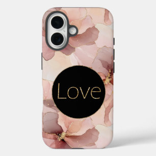 Funda iPhone 16 Círculo negro Rubor Purpurina de oro floral rosa a