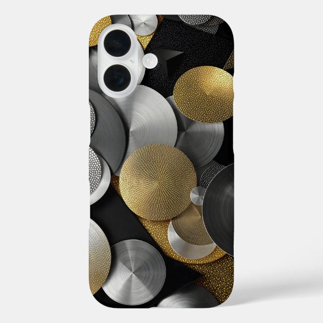 Funda iPhone 16 Círculos geométricos modernos en oro y plata (Reverso )
