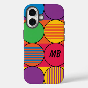 Funda iPhone 16 Círculos y rayas e iniciales de colores brillantes