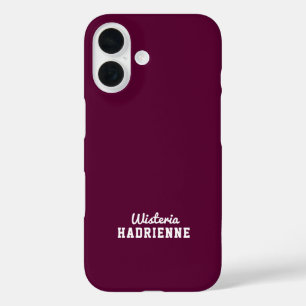 Funda iPhone 16 Ciruela Burgundy Moderna Monograma Nombre Deportiv