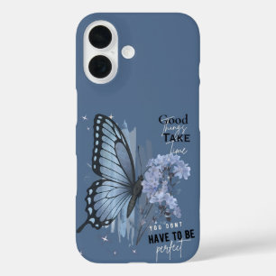 Funda iPhone 16 Cita motivacional de mariposa azul estética - Buen