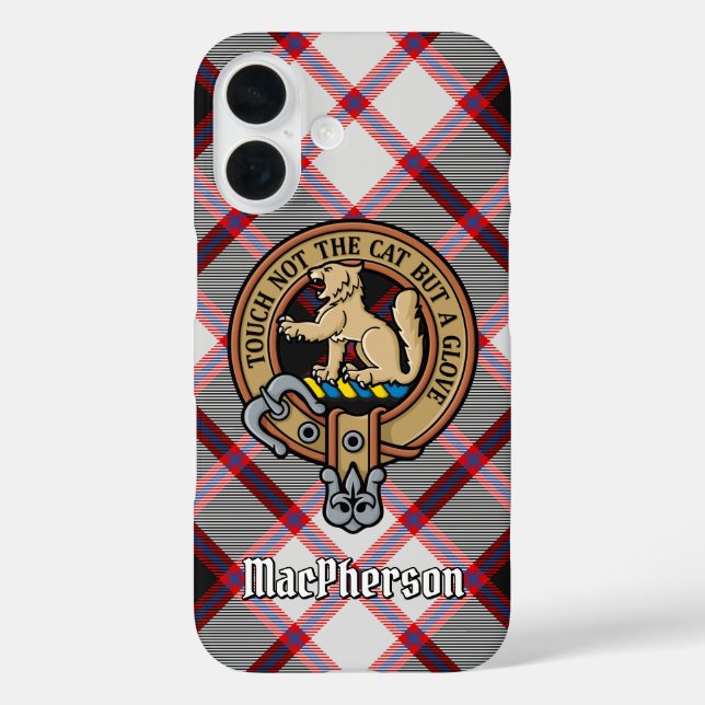 Funda iPhone 16 Clan MacPherson Escudo sobre la caza de tartán (Reverso )