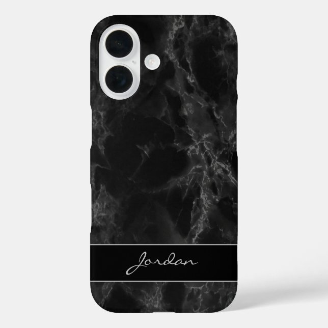 Funda iPhone 16 Clásica Piedra de Mármol Negro Pulido con nombre (Reverso )