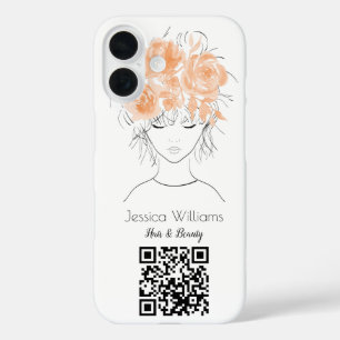 Funda iPhone 16 Código QR lindo chica melocotón rosas de acuarela 