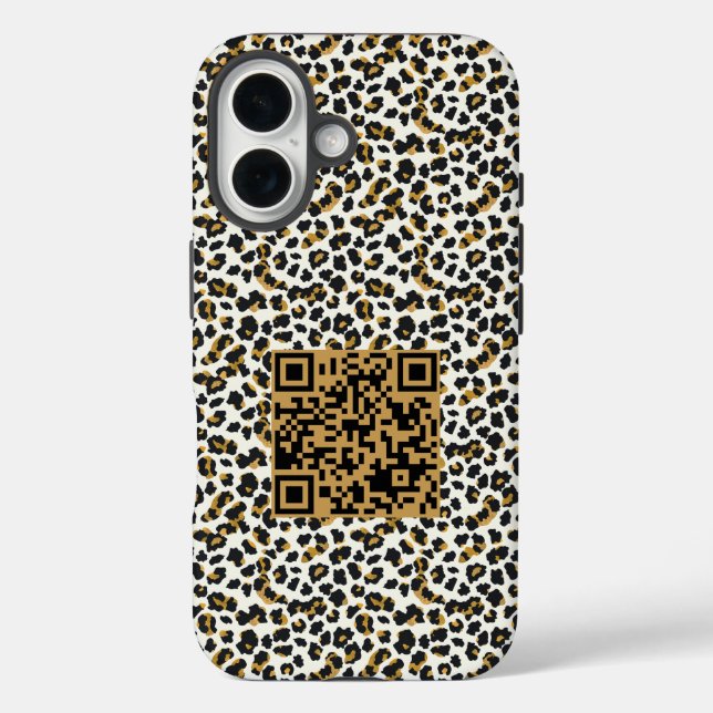 Funda iPhone 16 Código QR personalizable y patrón de piel leopardo (Reverso )