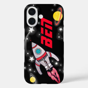 Funda iPhone 16 cohete espacial niños negros y rojos