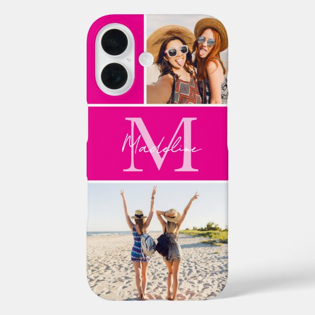 Funda iPhone 16 Colaje de Fotos con Monograma Rosa (Reverso )