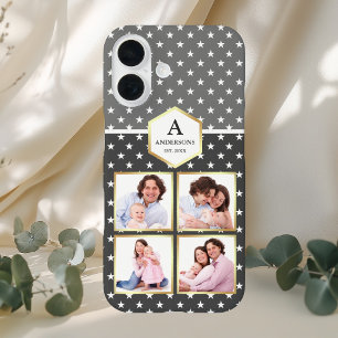 Funda iPhone 16 Colaje de Fotos con Patrón de Estrellas Grises Osc