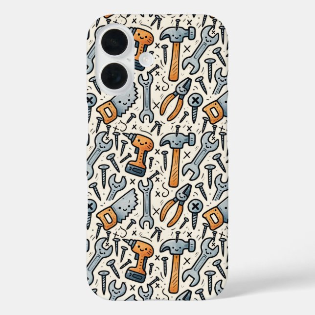 Funda iPhone 16 Colección de herramientas de bricolaje arte doodle (Reverso )