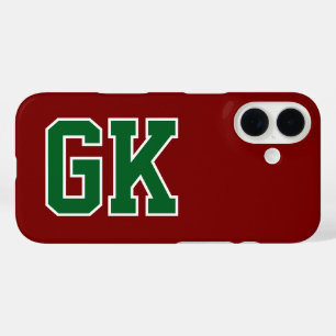 Funda iPhone 16 Colegio Iniciales Monograma Varsity Verde Borgoña