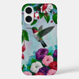 Funda iPhone 16 Colibrí volando en un jardín de flores