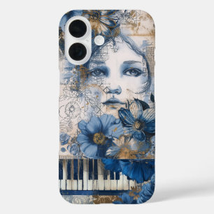 Funda iPhone 16 Collage de arte abstracto de color azul índigo