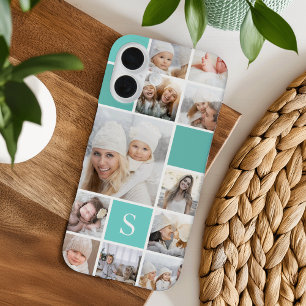 Funda iPhone 16 Collage de fotos Aqua y Monograma