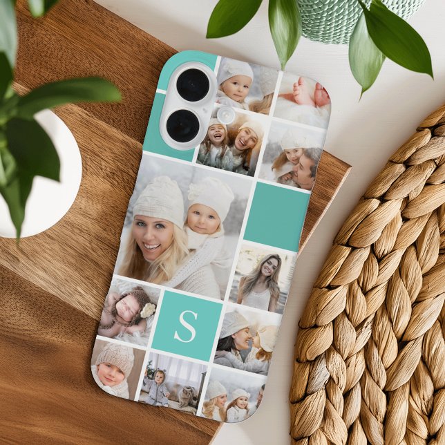 Funda iPhone 16 Collage de fotos Aqua y Monograma (Subido por el creador)