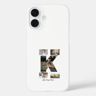 Funda iPhone 16 Collage de fotos K de letras negras y blancas