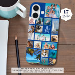 Funda iPhone 16 Collage de fotos Monograma Nombre 17 Fotos Azul<br><div class="desc">Lleve 17 de sus fotos favoritas en este estuche de teléfono celular de color personalizado con un collage de fotos de una variedad de formas y tamaños y personalizado con su monograma y nombre en un tipo de letra de guión moderno a lo largo del primer (mostrado en azul). Cambie...</div>