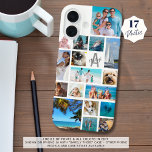 Funda iPhone 16 Collage de fotos Monograma Nombre 17 Fotos Blanco<br><div class="desc">Lleve 17 de sus fotos favoritas en este estuche de teléfono celular de color de fondo personalizado con un collage de fotos de una variedad de formas y tamaños y personalizado con su monograma y nombre en un tipo de letra de guión moderno sobre el inicial (mostrado en negro y...</div>