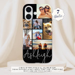 Funda iPhone 16 Colores Personalizados de Collage de fotos persona<br><div class="desc">Crea tu propio estuche de teléfono celular de fotos en color personalizado personalizado utilizando esta plantilla de collage de fotos fácil de cargar con 7 imágenes en diferentes tamaños y formas y tu nombre en tu elección de estilo de letra y todos los colores (se muestra con un tipo de...</div>