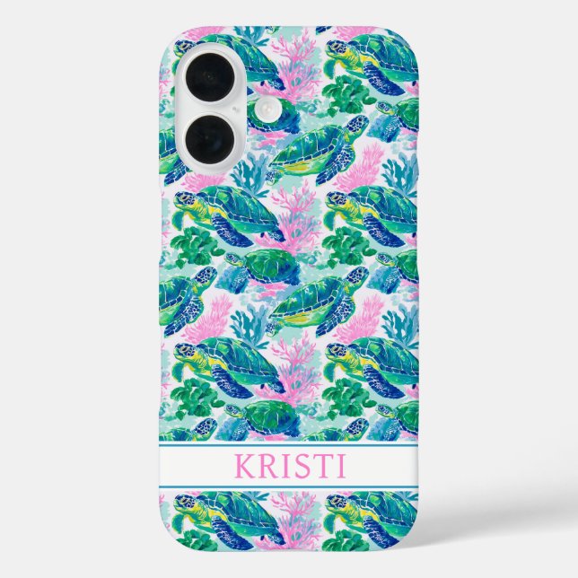 Funda iPhone 16 Colorful Sea Turtles Monogrammed (Reverso )