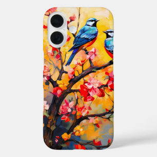 Funda iPhone 16 Coloridas aves de primavera en flor