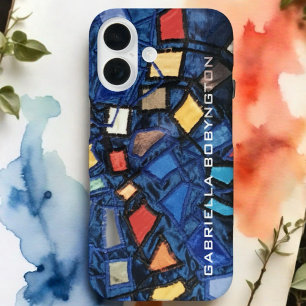 Funda iPhone 16 Colorido monograma azul marina rojo geométrico