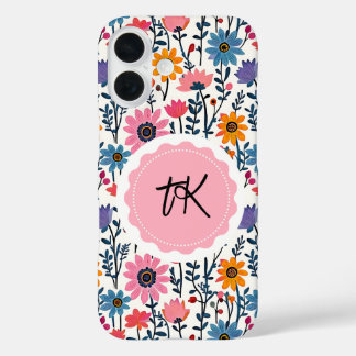 Funda iPhone 16 Colorido Whimsical Folk Art Floral Monogramado